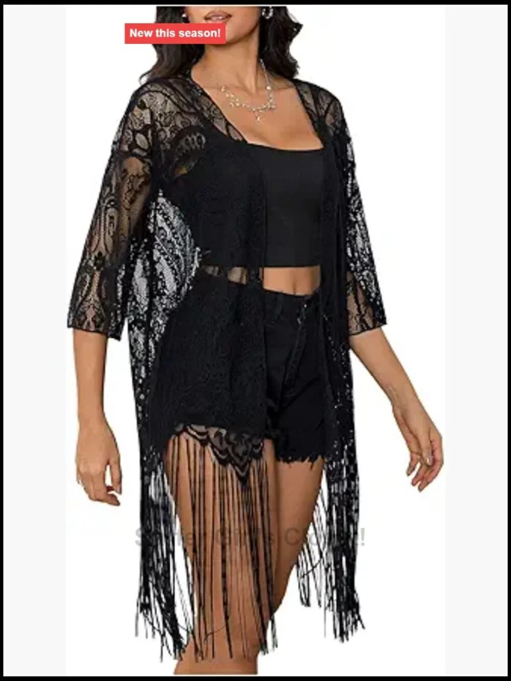 Lace Sheer Fringe Kimono Open Front Long Sleeve Beach Cover Up